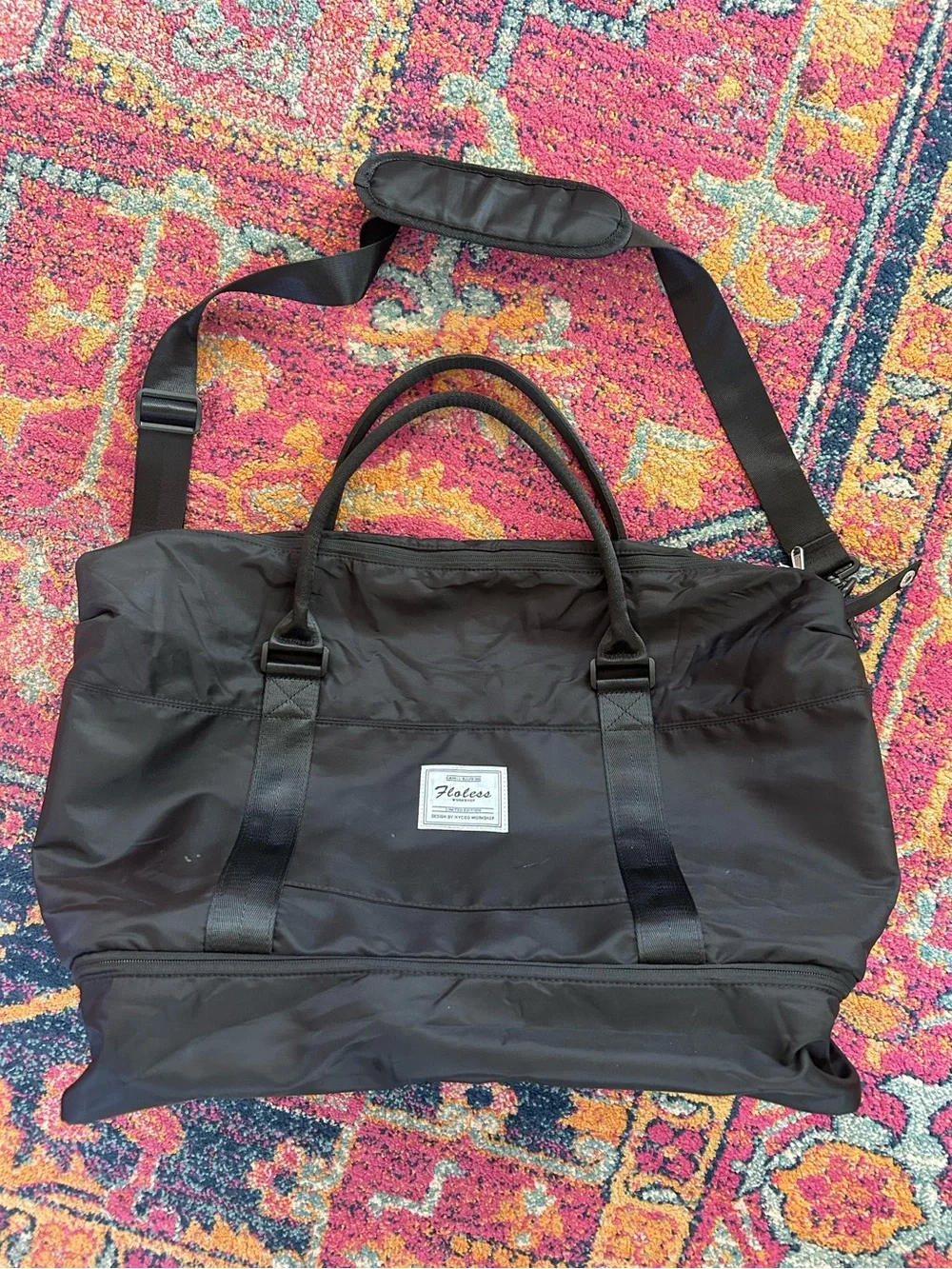 Floless Workshop | Unisex Black Travel Duffel Tote Bag Crossbody/Shoulder Straps